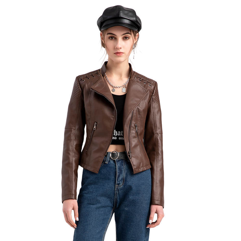 Damen Vintage Bikerjacke Elizabeth, figurbetont, mit elegantem Stehkragen und Reißverschluss.