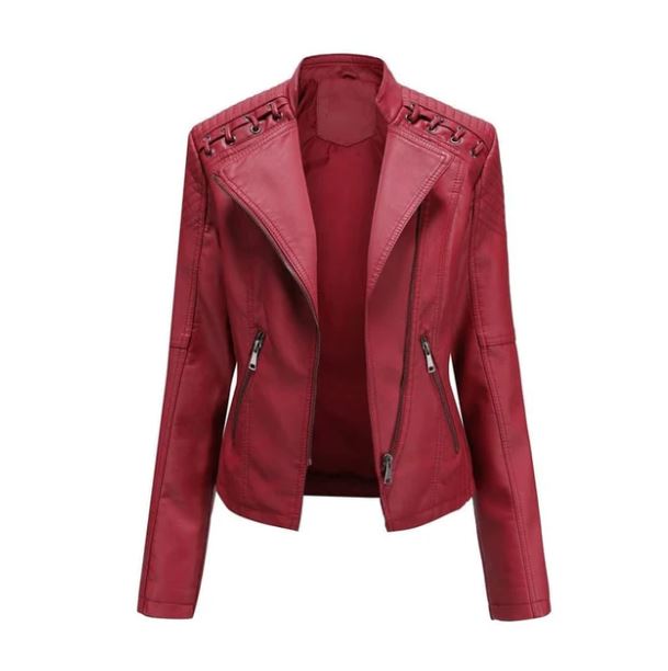 Elegante Damen Reißverschlussjacke, Vintage Look, mit Stehkragen und figurbetonter Silhouette.