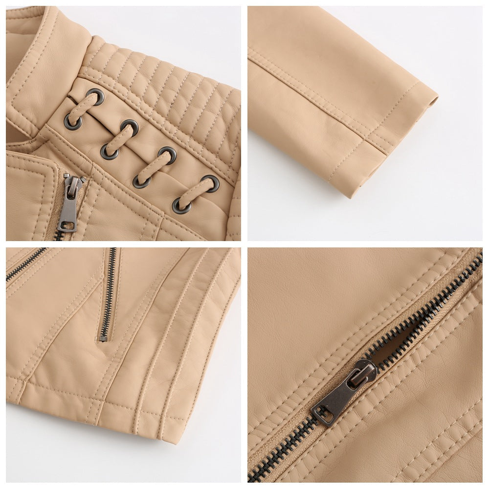 Damen Bikerjacke Vintage Elizabeth, kurze Passform, mit Stehkragen und modischem Design.