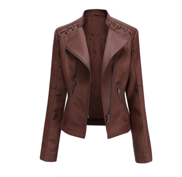 Stilvolle Damen Vintage Bikerjacke in Lederoptik, schwarz, mit Stehkragen und Reißverschluss.