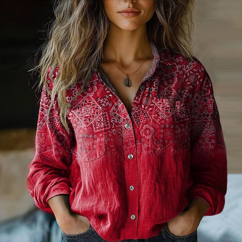 Damen Vintage-Bluse mit farbigem Ethno-Muster, langärmlig, elegant & bequem. Perfekt für Freizeit.