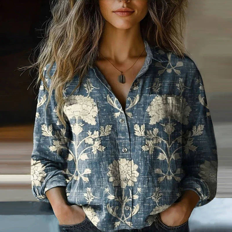 Bedruckte Damen Langarm-Bluse im Vintage-Stil, Boho Chic. Ideal für Sommer, Herbst, Frühling.