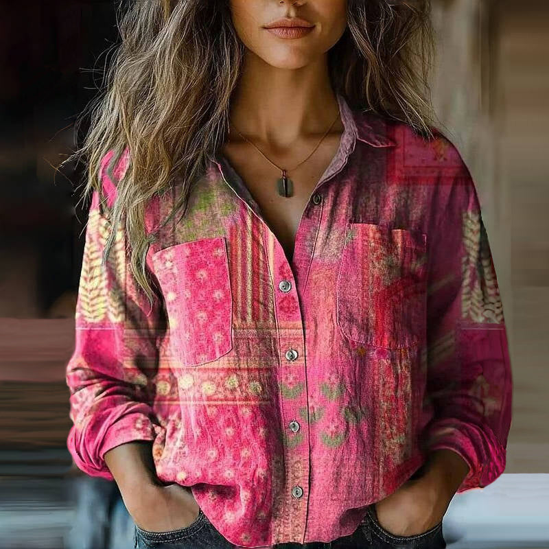 Modische Damen Vintage-Bluse, gemustert, langarm. Schick für Frühling, Sommer & Herbst.