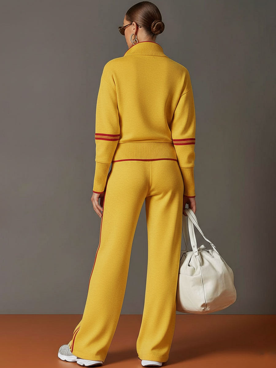 Bequemes Damen Vintage Set: Weite Hose und Halbzip-Sweatshirt für Komfort und Stil im Freizeitbereich.