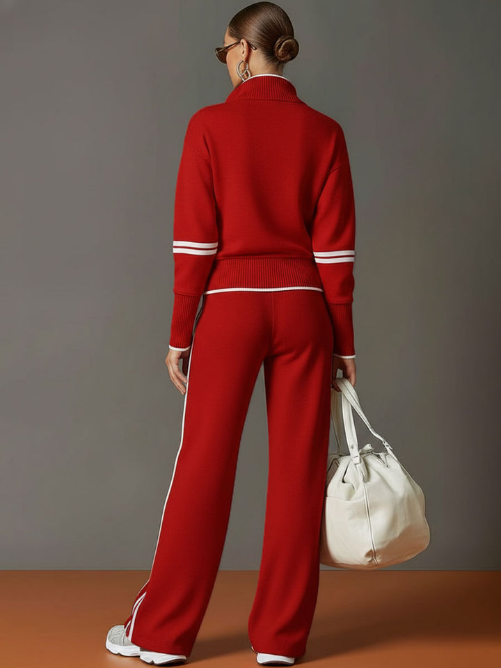 Damen Vintage Freizeit-Set für Herbst/Winter: Halbzip-Sweatshirt und weite Hose in trendiger Farbe.