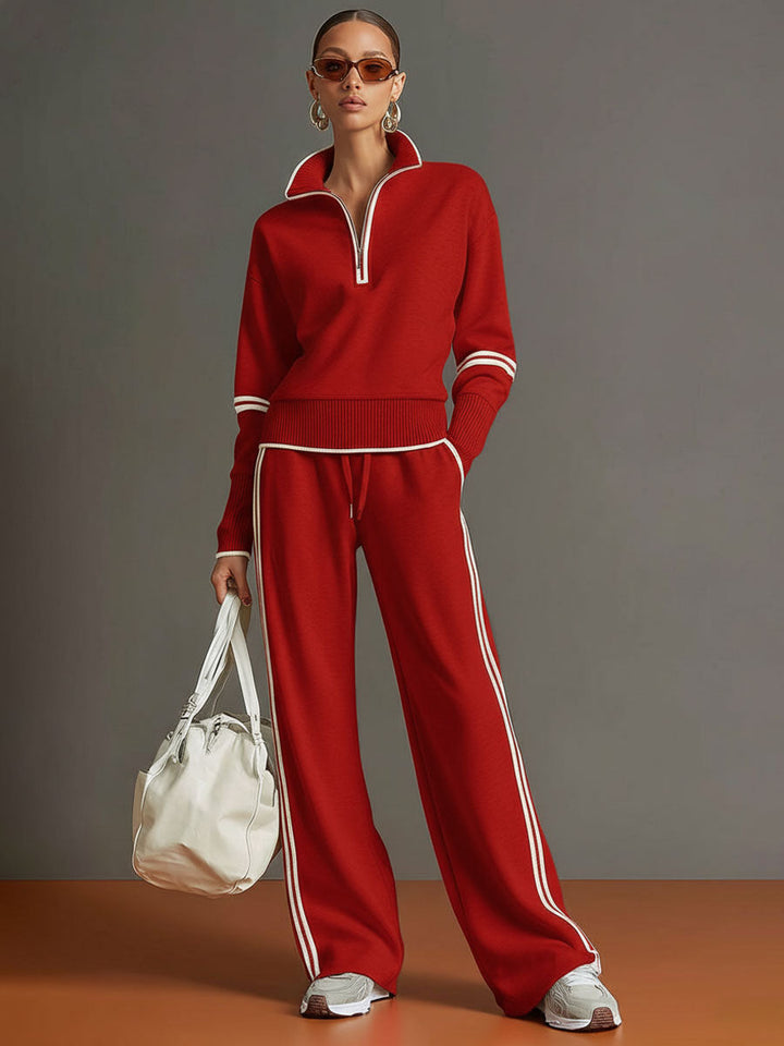 Modisches Damen Freizeit-Set im Retro-Stil: Halbzip-Sweatshirt und weite Hose für entspannte Looks.