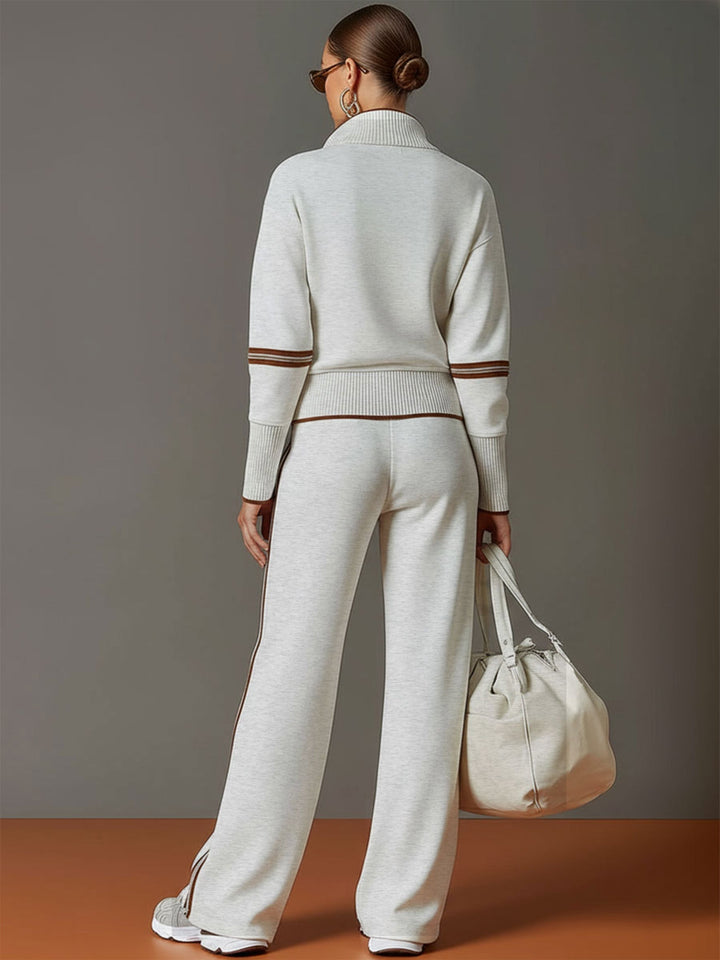 Gemütliches Damen Freizeit-Set in Vintage-Optik: Halbzip-Sweatshirt und lässige weite Hose.