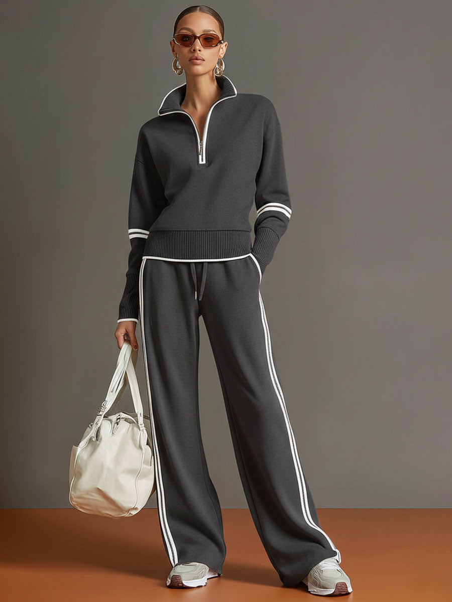 Damen Vintage Freizeitanzug: Halbzip-Sweatshirt mit Stehkragen & weite Beinhose für maximalen Komfort.