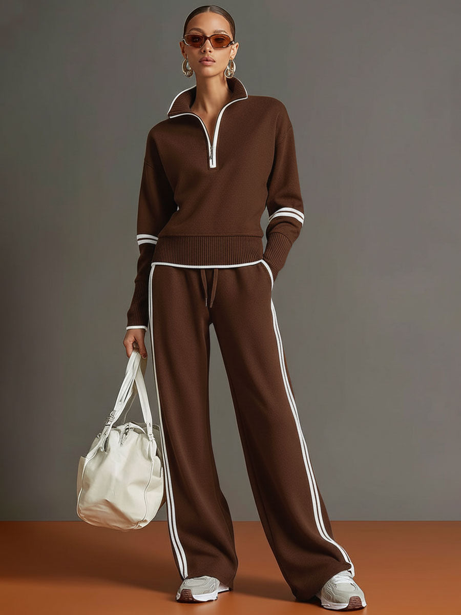 Damen Vintage Loose-Fit Freizeit-Set, perfekt für den Alltag: Halbzip-Top und weite Hose kombiniert.