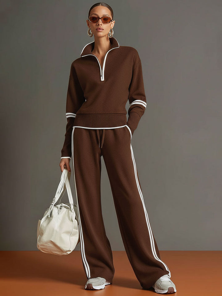 Damen Vintage Loose-Fit Freizeit-Set, perfekt für den Alltag: Halbzip-Top und weite Hose kombiniert.