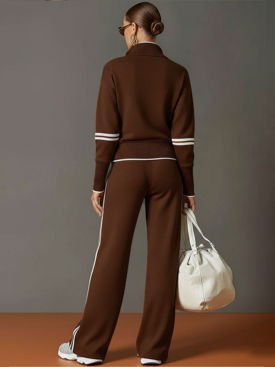Eleganter Damen Vintage Freizeit-Zweiteiler: Halbzip-Sweatshirt und lockere weite Hose, sehr bequem.