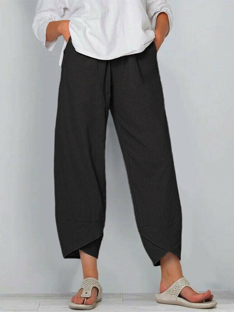 Bequeme Damen Freizeithose mit hoher Taille & asymmetrischem Bund. Lockere Passform.