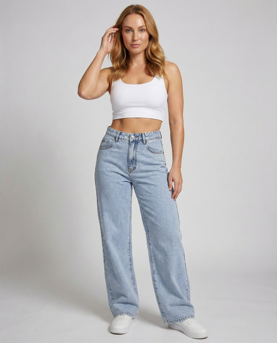 Damen Vintage High-Waist Jeans mit weitem Bein, bequem & stilvoll für den Alltag.