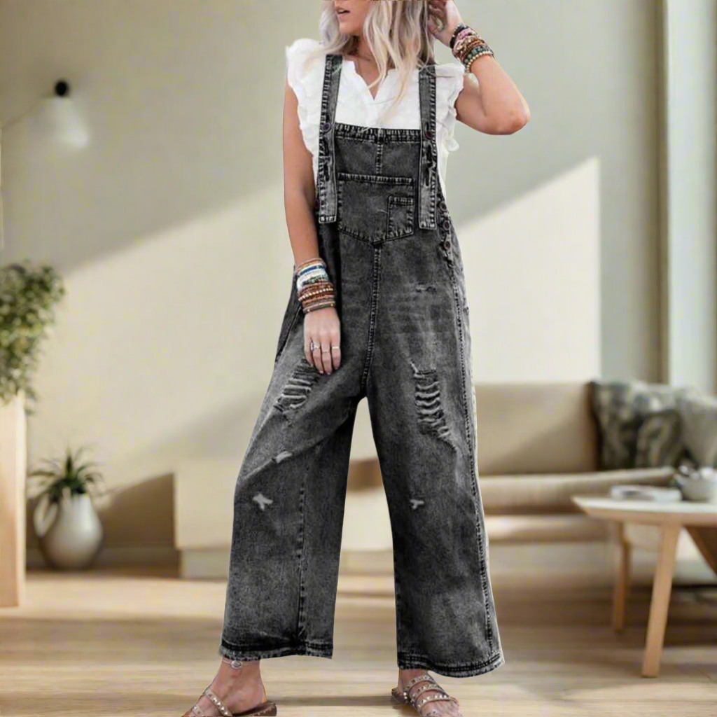 Lässiger Damen Vintage Jumpsuit: Bequemer Einteiler mit verstellbaren Trägern. Ideal für Freizeit und entspannte Tage.