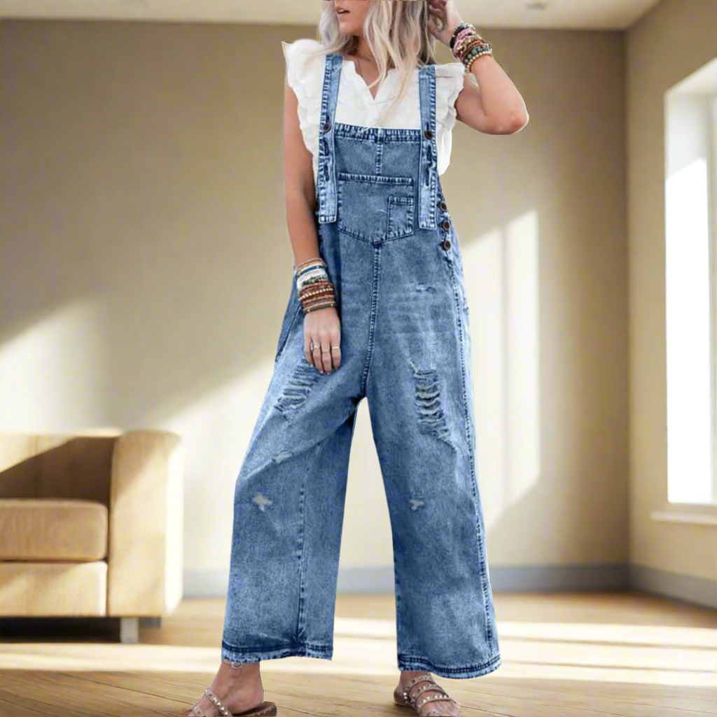 Damen Jumpsuit im Vintage-Stil: Weicher, bequemer Einteiler für den Sommer. Trendige Damenmode mit lässigem Schnitt.