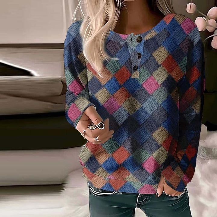 Damen Vintage Pullover Haruka, kariert, retro Stil, Rundhals Langarm, ideal für Herbstmode und Freizeitkleidung.