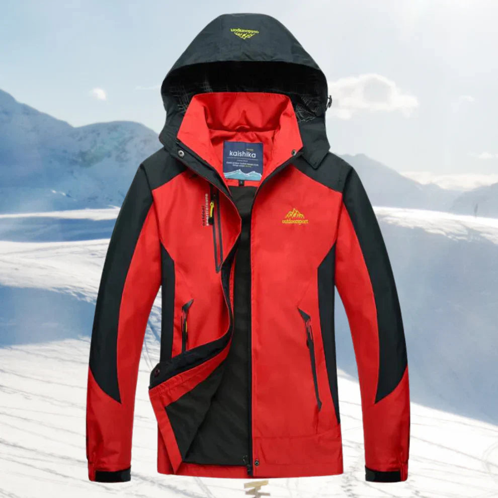 Rückenansicht der wetterfesten Damen Outdoor Kapuzenjacke, atmungsaktiv für Wandern und Skisport.