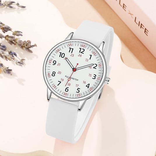 Elegante weiße Schwesternuhr für Damen. Wasserdichtes Silikon, genauer Sekundenzeiger, perfekt für Klinikpersonal.