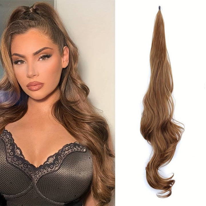 Dieses Haaraccessoire, ein Damen Wickel-Pferdeschwanz, bietet sofortige Länge, Volumen und einfaches Styling.