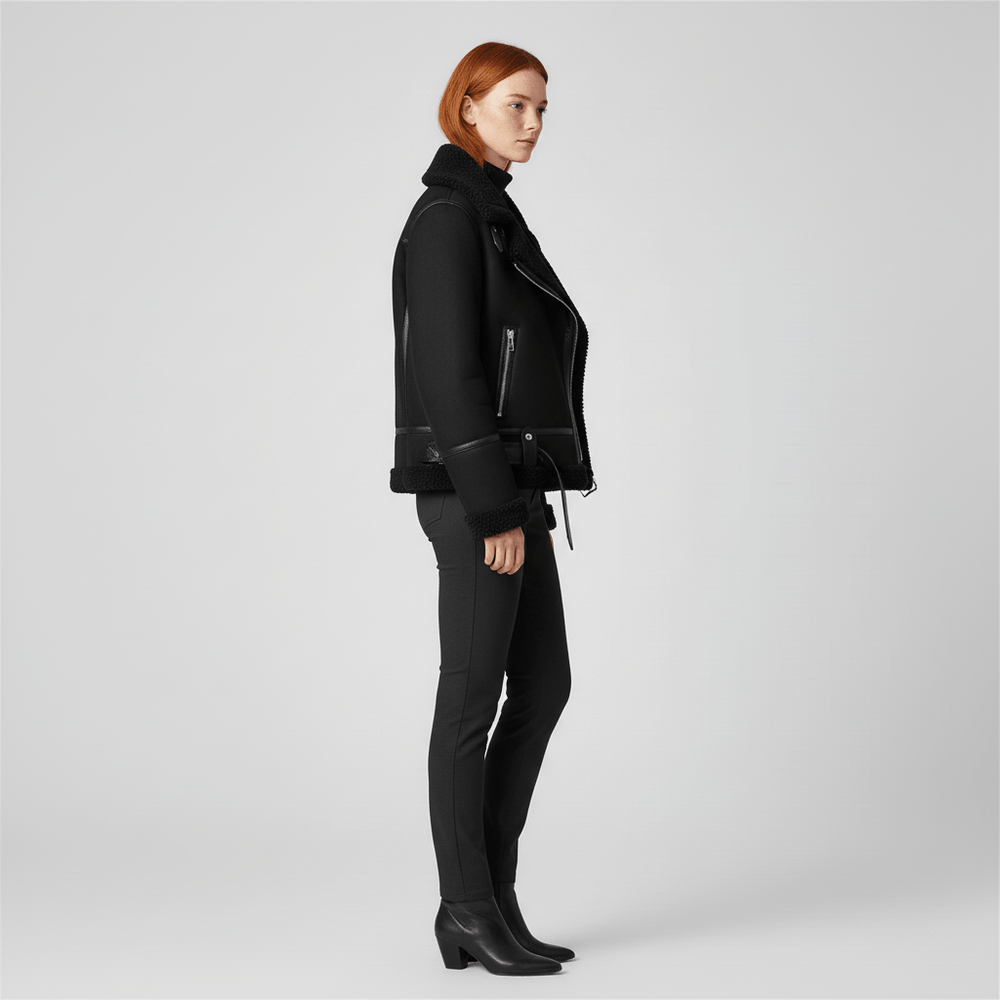 Kurze Damen Shearling Winterjacke mit Reverskragen & Reißverschluss. Stilvolle Übergangsjacke für Frauen.