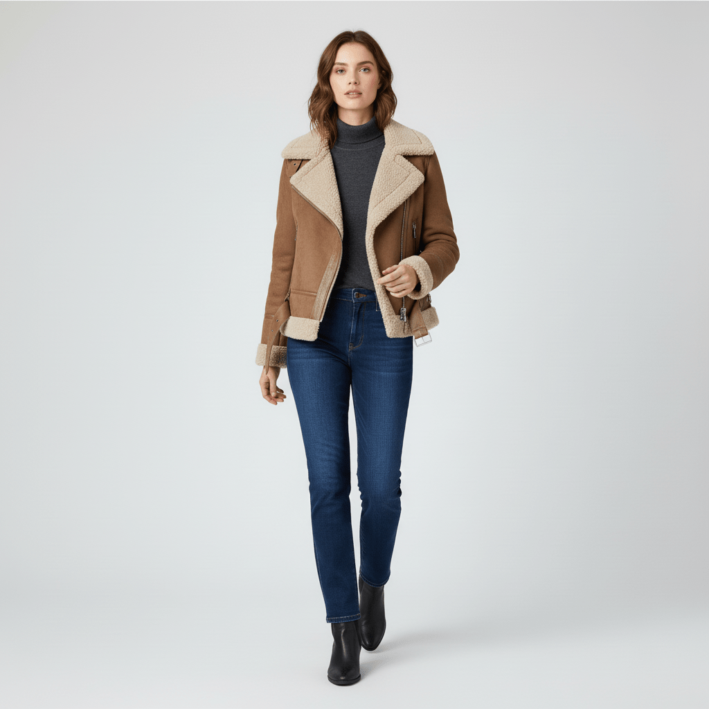 Frau trägt warme Damen Winterjacke Amy mit Reißverschluss & Gürtel. Bequem & modisch für den Alltag.
