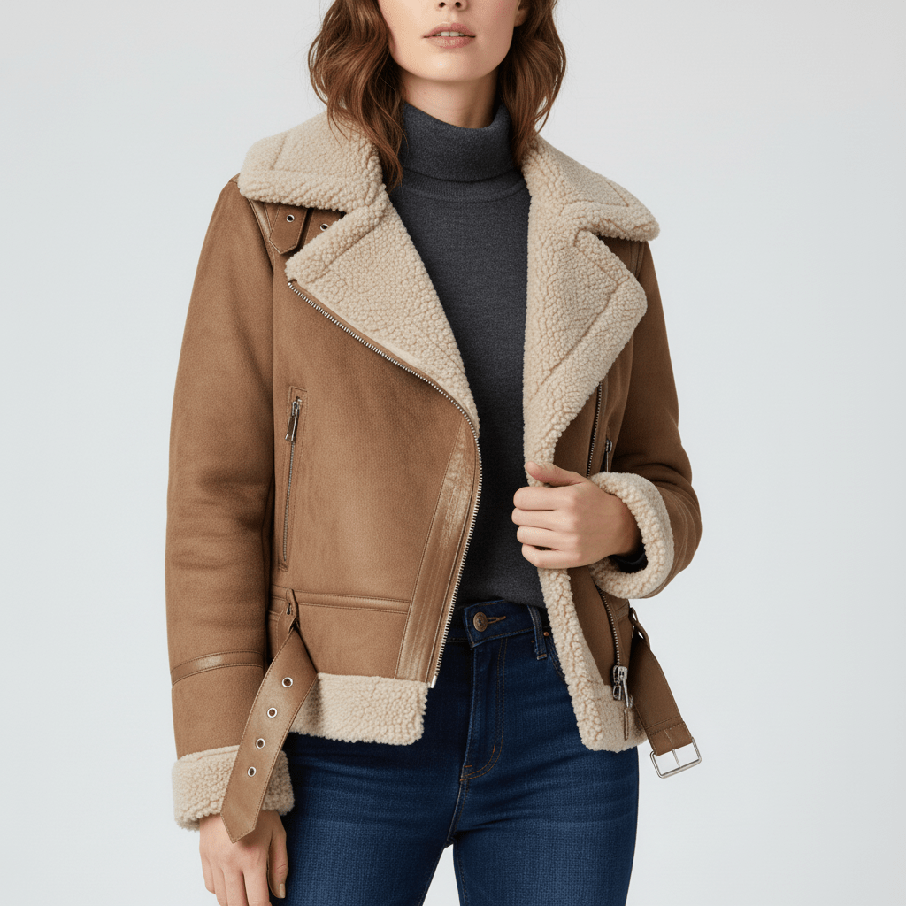 Detail der Damen Winterjacke Amy: Shearling-Futter, Reverskragen & Gürtel. Warm, kuschelig & stilvoll.