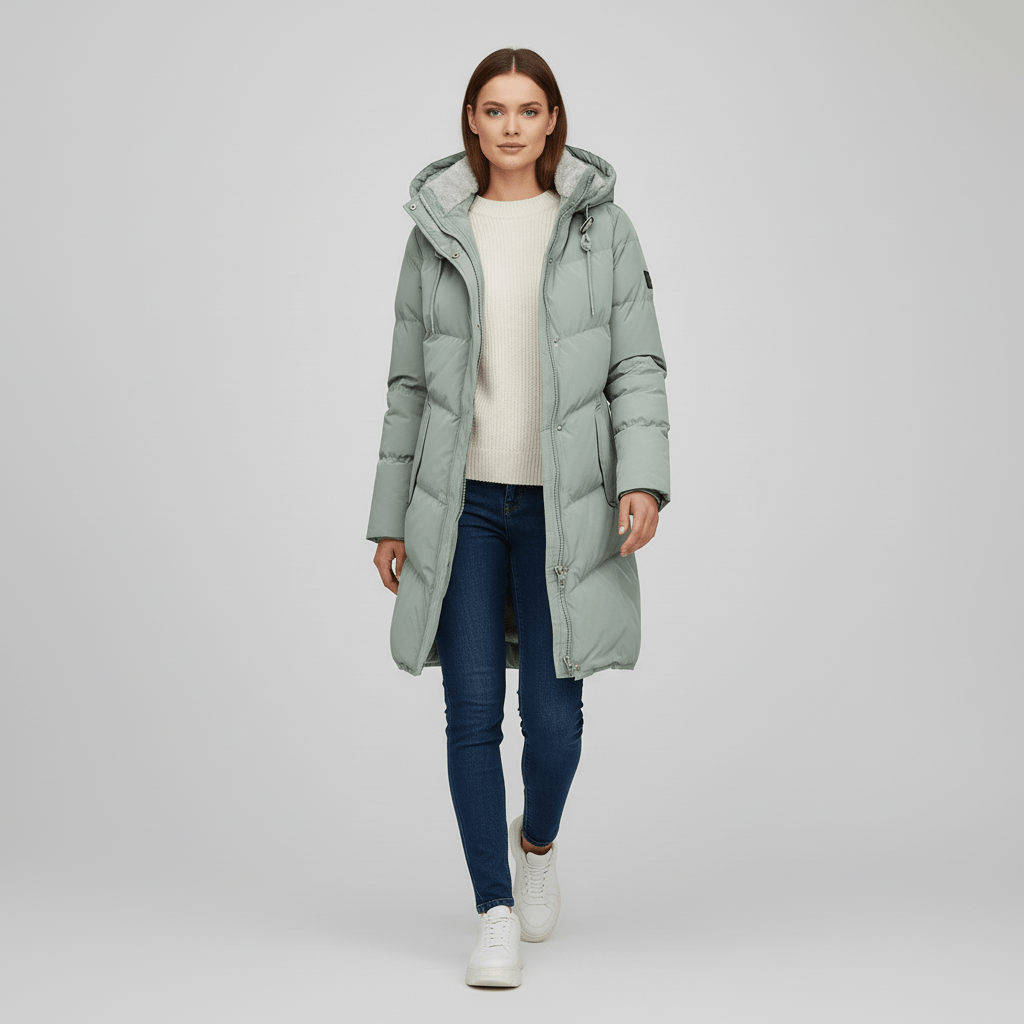 Bequemer Damen Winterparka mit Kapuze. Robuster und warmer Mantel für die kalte Jahreszeit und Outdoor-Aktivitäten.