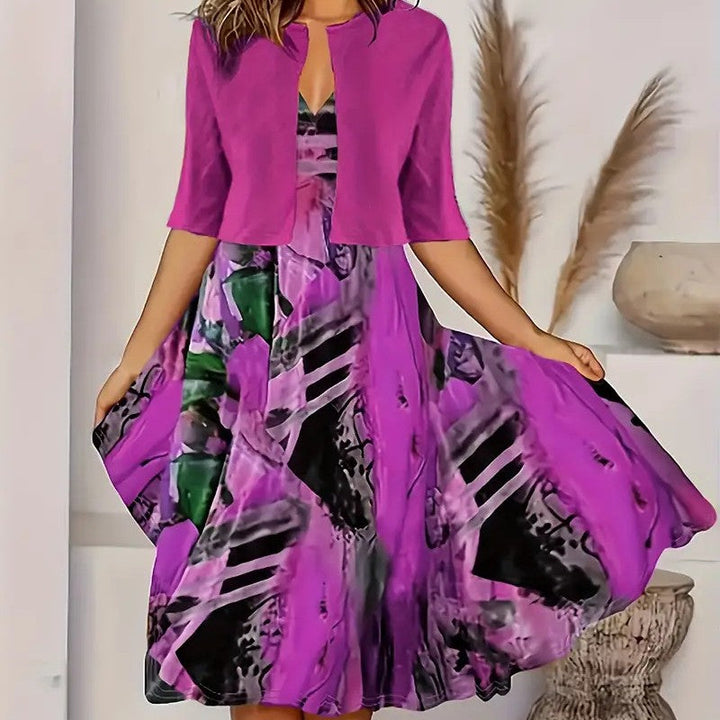 Damen Zweiteiler: Schickes, geschichtetes Kleid & Strickjacke Outfit für Frühling & Sommer.