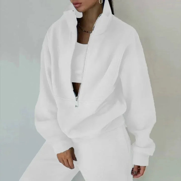 Casual Damen Set im Relaxed Fit: Eleganter Pullover mit Kurz-Zipper & passende weite Hose.