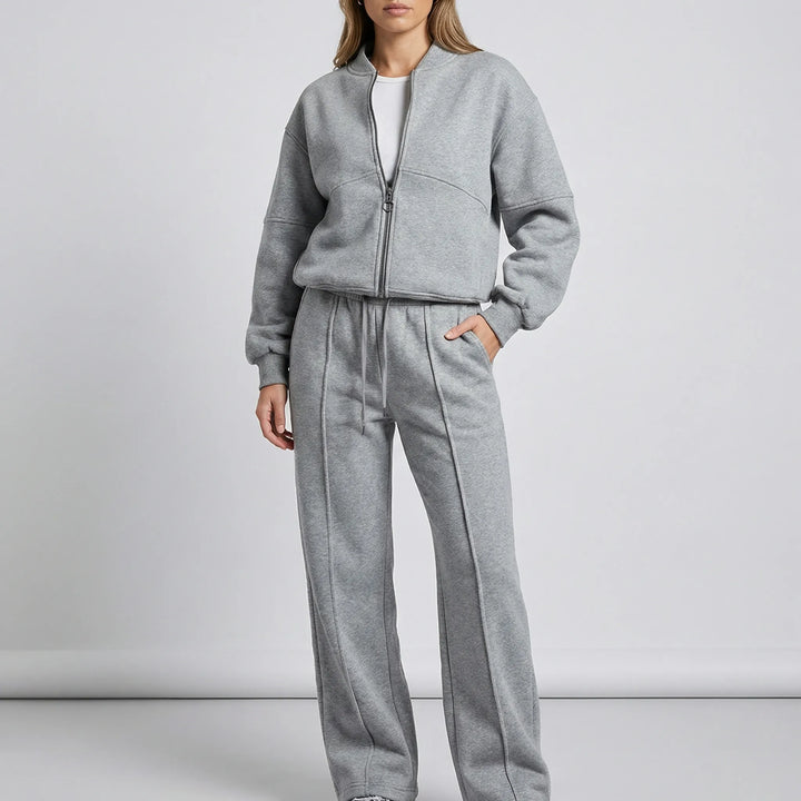 Stilvolles Damen Zweiteiler Set mit Reißverschluss, perfekt für Frühling, Herbst & Winter.
