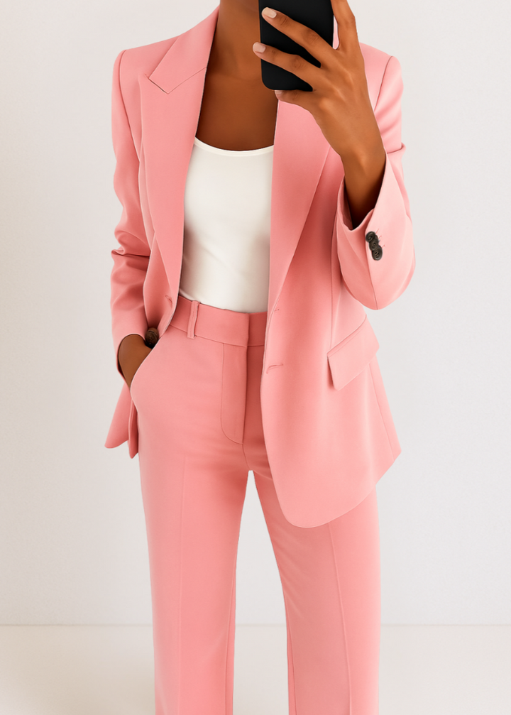 Aktive Frau im Damen Zweiteiler Sofie. Dynamisches, bequemes Set für Freizeit & Alltag, moderne Loungewear.