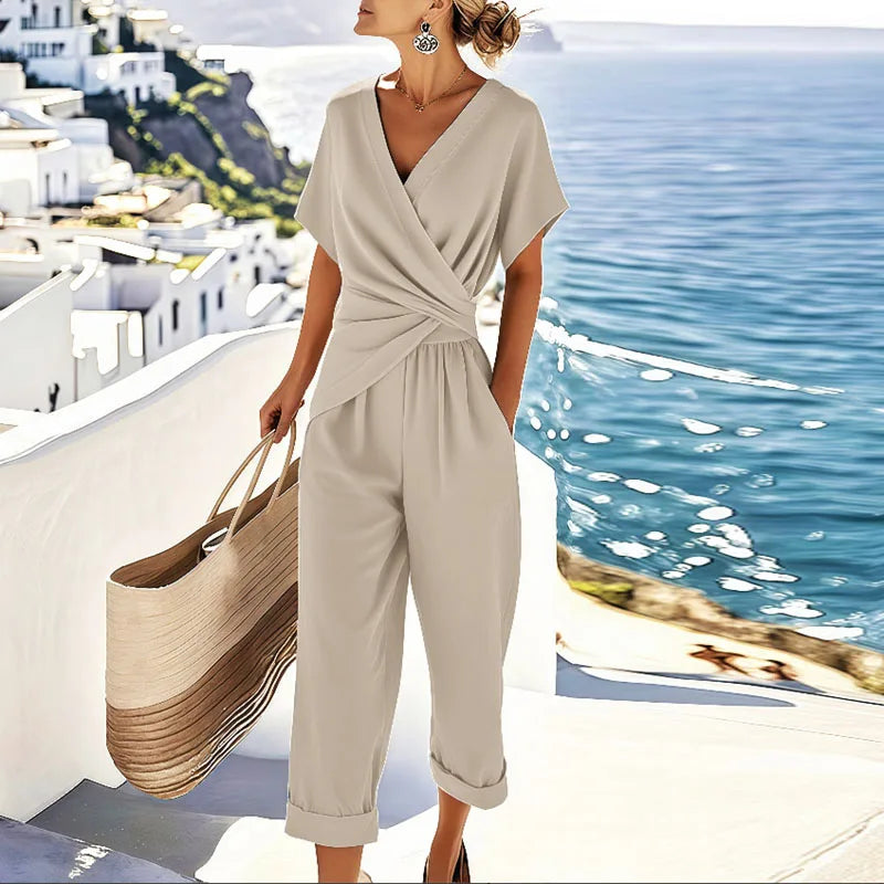 Damen Zweiteiler Sommerset in Aprikose mit elegantem Kurzarm-Oberteil & bequemer Caprihose für Freizeit & Urlaub.