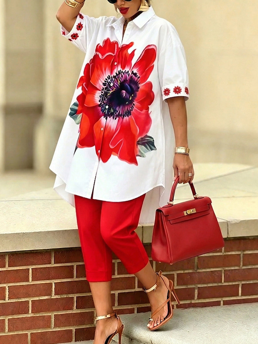 Modernes Damen Set mit floralem Print. Eleganter Zweiteiler mit Blumenmuster, ideal für Frühling & Sommer.
