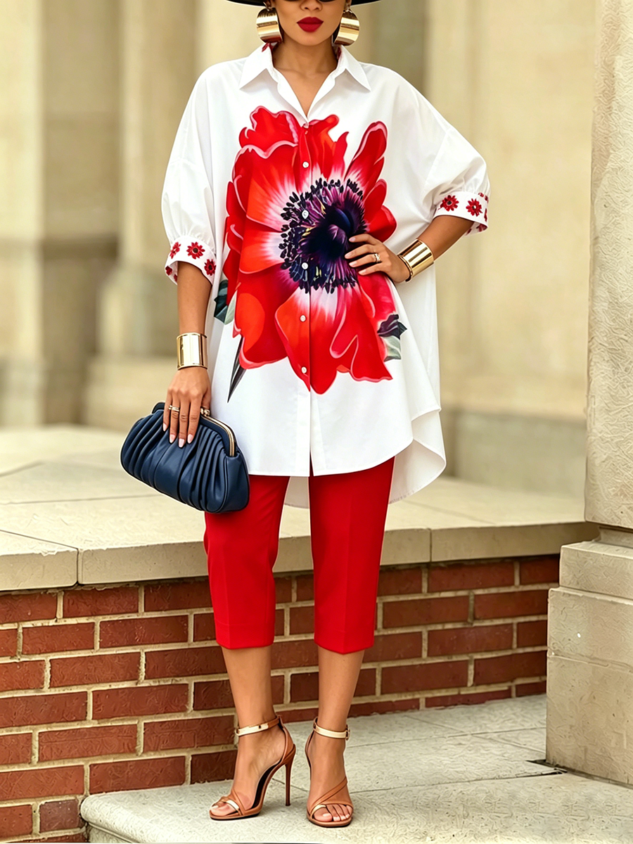 Eleganter Damen Zweiteiler mit Blumenmuster, bestehend aus Bluse & Hose. Perfekt für Business Casual & Freizeit.