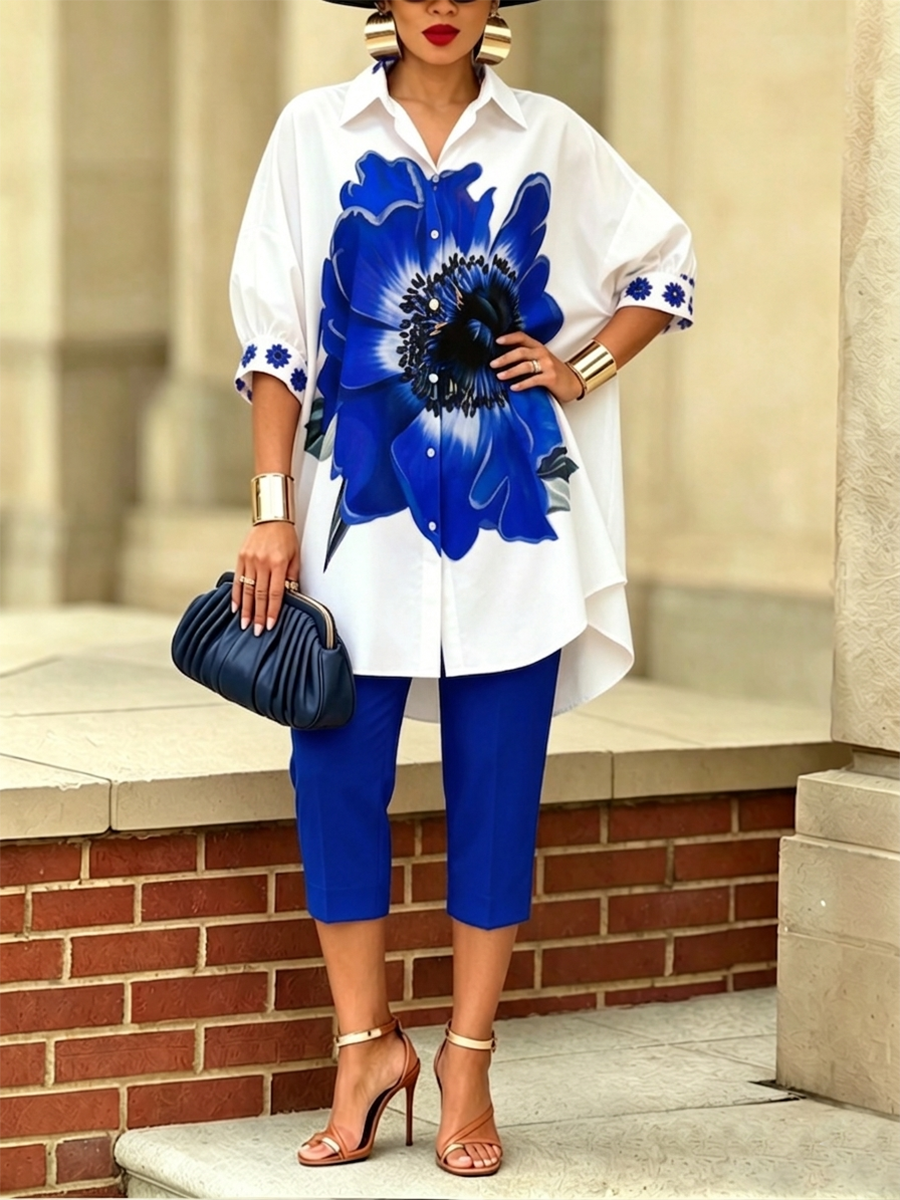 Stilvolles Damen Outfit mit Blumenprint. Moderner Zweiteiler für elegante Anlässe oder bequeme Freizeitkleidung.