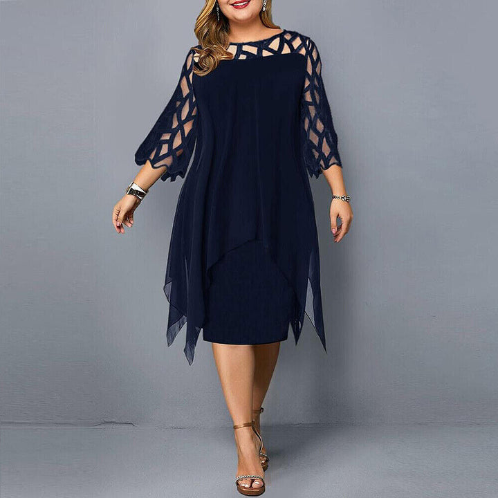 Elegantes Damen Midi-Kleid in Übergröße mit detailreichen Ärmeln; perfekt für festliche Anlässe.