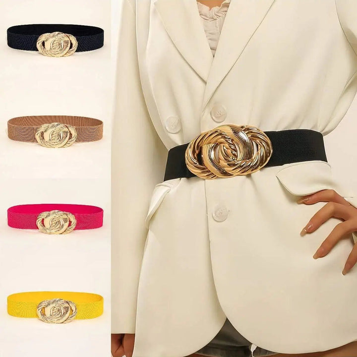 Damen Retro Stretch Taillengürtel mit eleganter Vintage Schnalle, ideal für Kleider und Röcke, kurvenbetonend.
