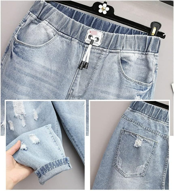Herbstliche Damen Plus-Size Jeans, zerrissen und High-Waist. Stylische Hosen für Streetwear und Freizeit Curvy Mode.
