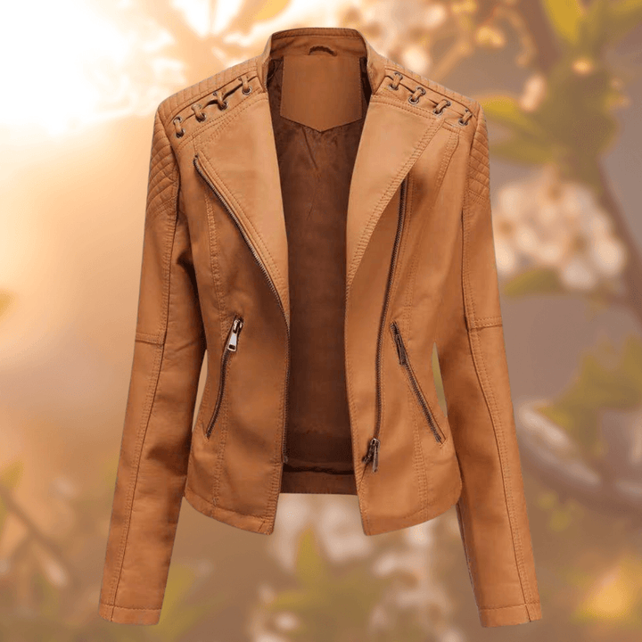 Klassische schwarze Damen Bikerjacke, ein zeitloses Statement-Stück für modische Oberbekleidung.