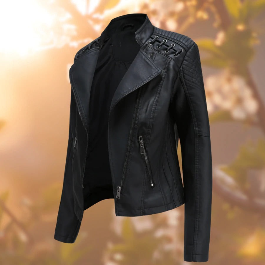 Elegante schwarze Damen Lederjacke. Vielseitige Frauenmode Oberbekleidung, perfekt für Frühling, Herbst & Übergang.