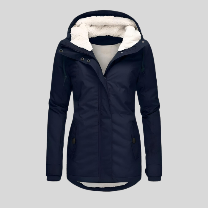 Grauer Damen Parka mit Kapuze, warm und bequem. Moderne Winterjacke für Frauen, ideal für das tägliche Winteroutfit.