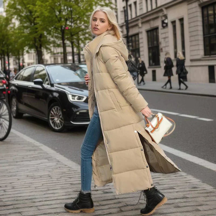 Damen Winterjacke, langer Puffer-Mantel, hält warm an kalten Wintertagen, modern.
