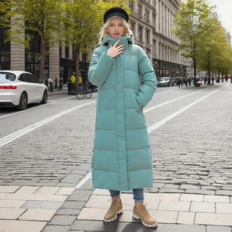 Damen Winter Pufferjacke, langer Schnitt, eleganter Wintermantel, bequeme Kleidung.