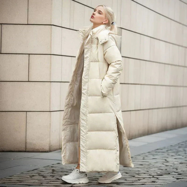 Hochwertige Damen Pufferjacke, langer Wintermantel, warmer und schicker Look für Frauen.
