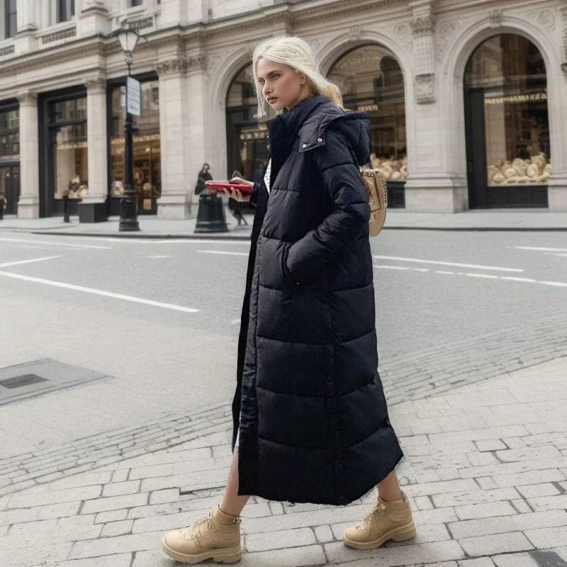 Damen Steppjacke, langer Schnitt, elegante Winterjacke für kalte Wintertage.