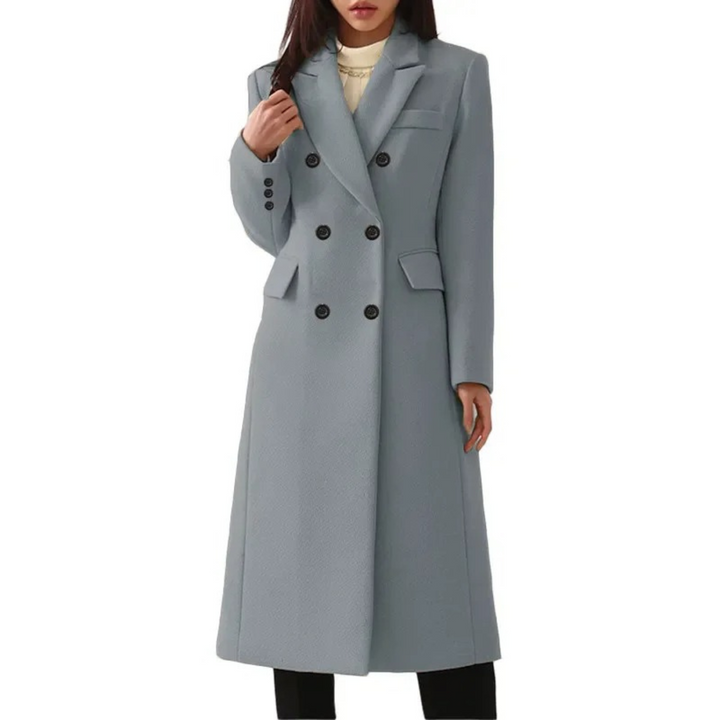 Warmer, langer Damen Wintermantel in edlem Design mit Doppelkragen, ideal für kalte Tage und stilvolle Herbstmode.