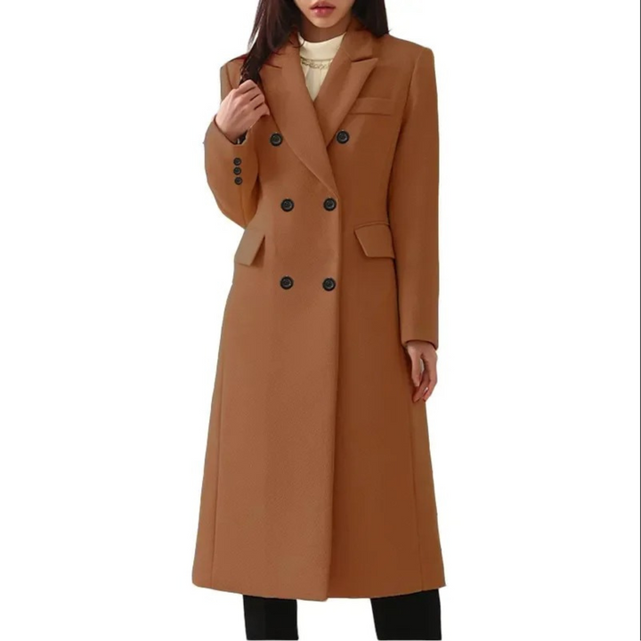 Moderner Damen Langmantel mit elegantem Doppelkragen für den Winter. Klassische, stilvolle Oberbekleidung für Damen.