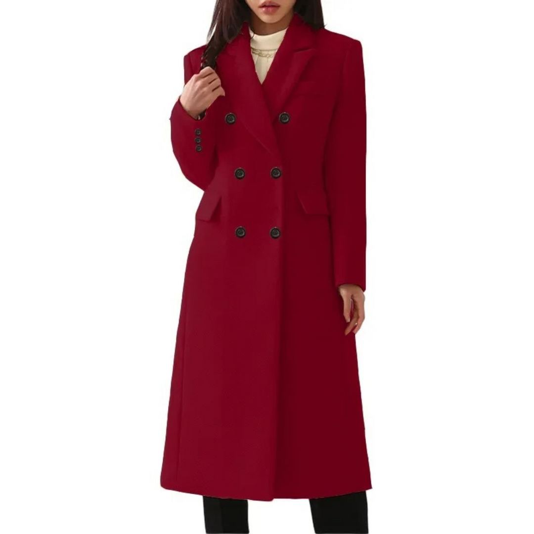 Stilvoller, langer Damen Wintermantel mit Doppelkragen. Eine elegante Damenmode-Option für Herbst und Winter.