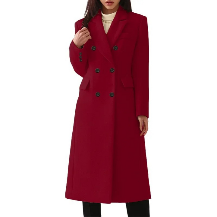 Stilvoller, langer Damen Wintermantel mit Doppelkragen. Eine elegante Damenmode-Option für Herbst und Winter.
