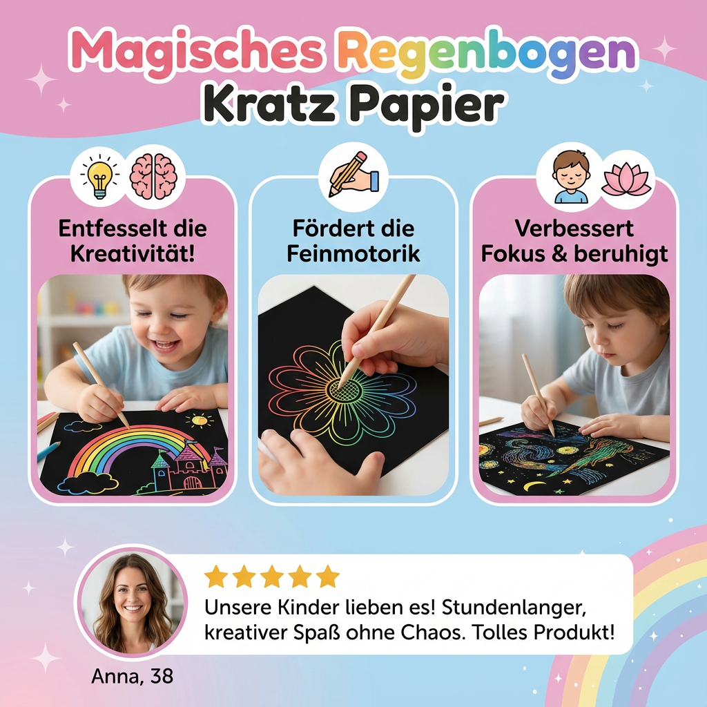 Detailansicht des Regenbogen Kratzpapier Sets: Schwarze Blätter, Kratzstift & bunte Schicht darunter sichtbar.